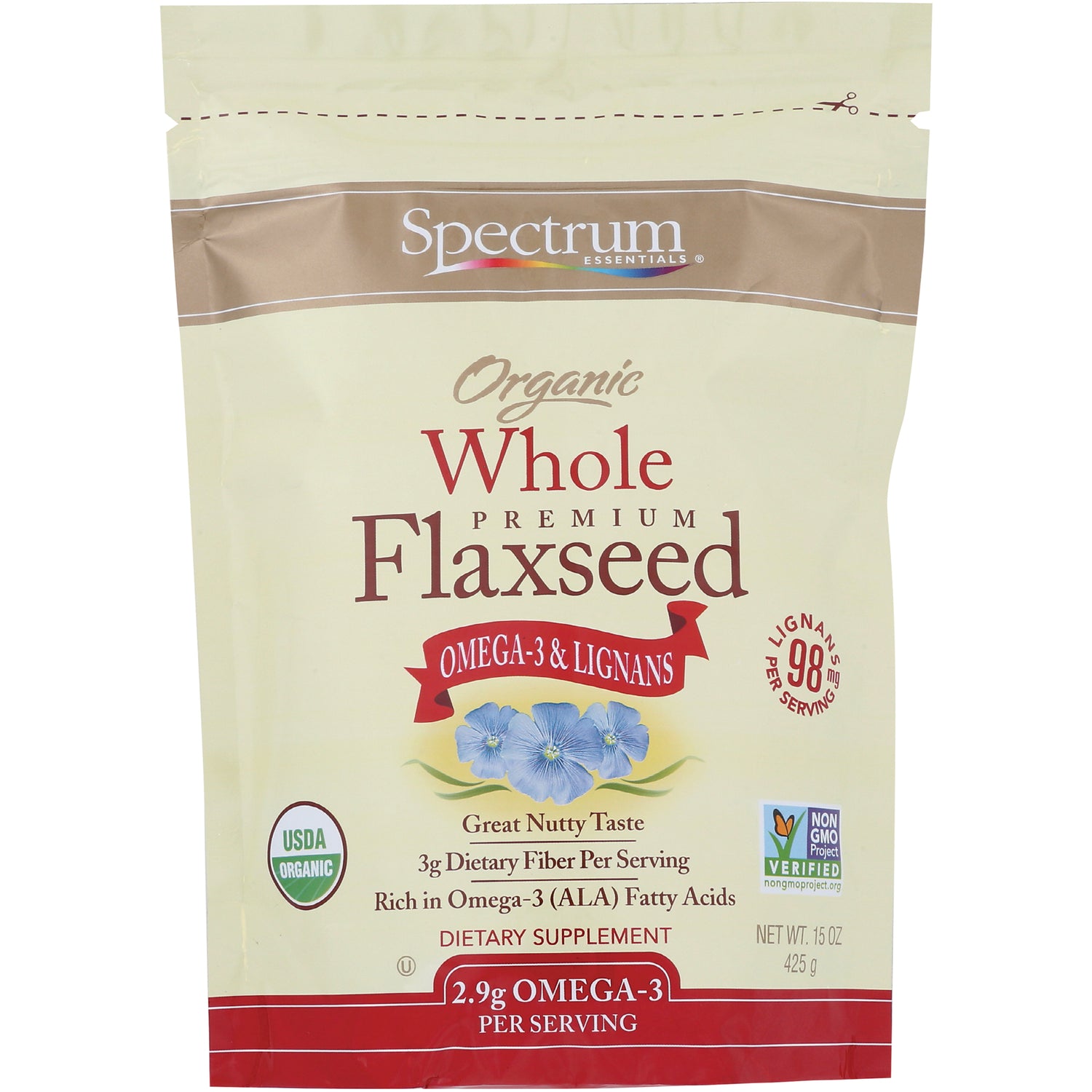 SP036 | Spectrum Essentials Organic Whole Premium Flaxseed, 15 oz bag, Omega-3 & Lignans, USDA Organic, Non-GMO Verified