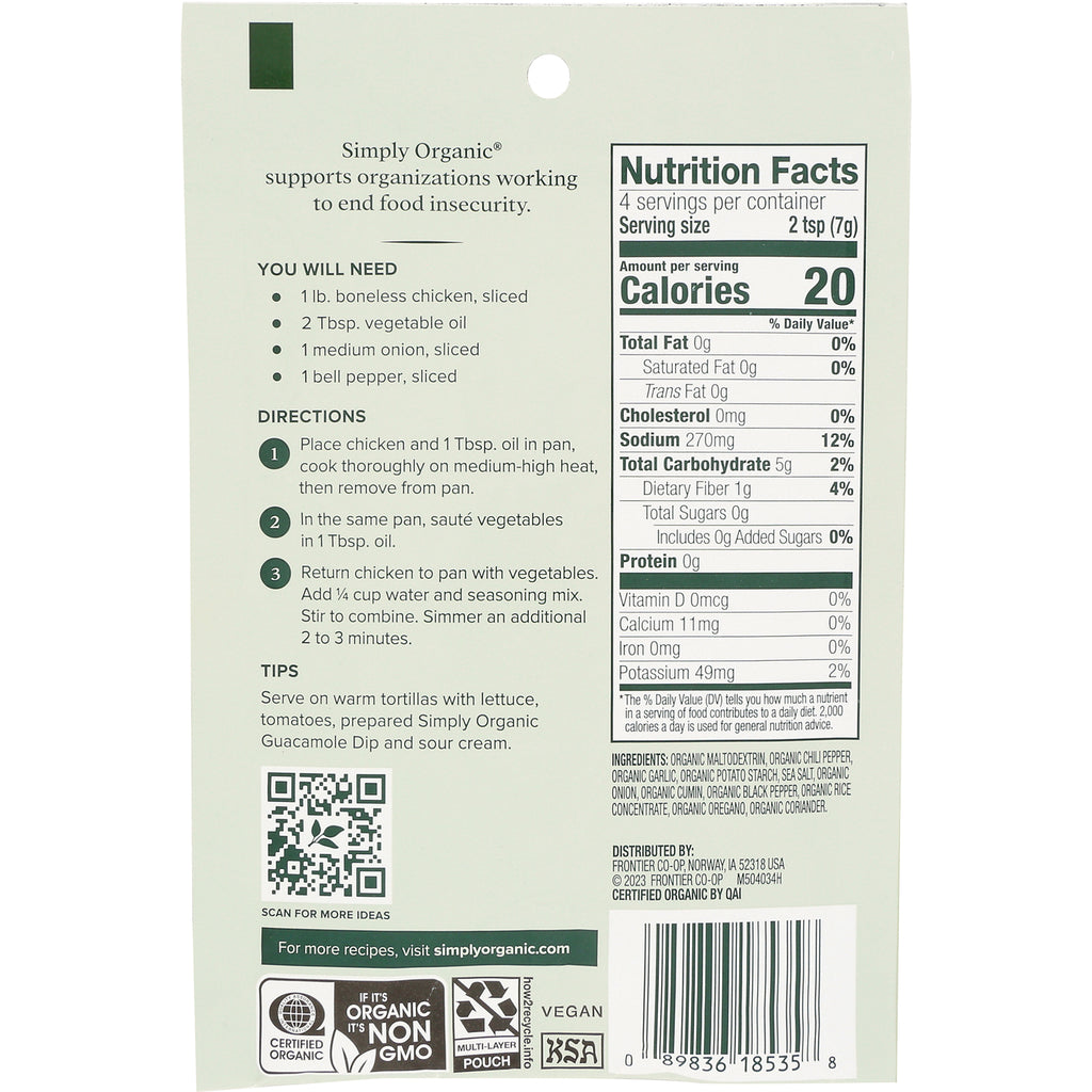 SMP007 | Simply Organic seasoning packet back with Nutrition Facts, ingredients, QR code, and barcode - Thumbnail