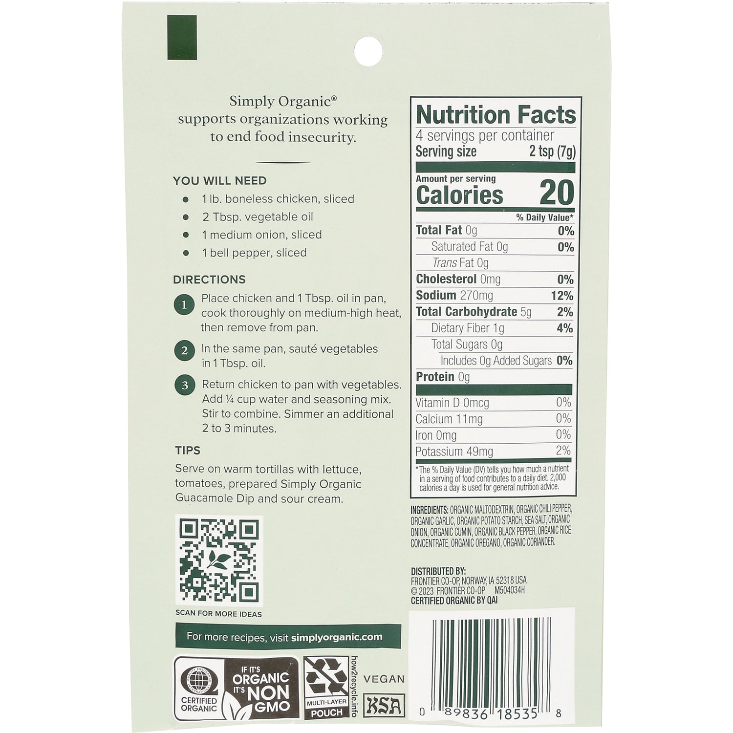 SMP007 | Simply Organic seasoning packet back with Nutrition Facts, ingredients, QR code, and barcode