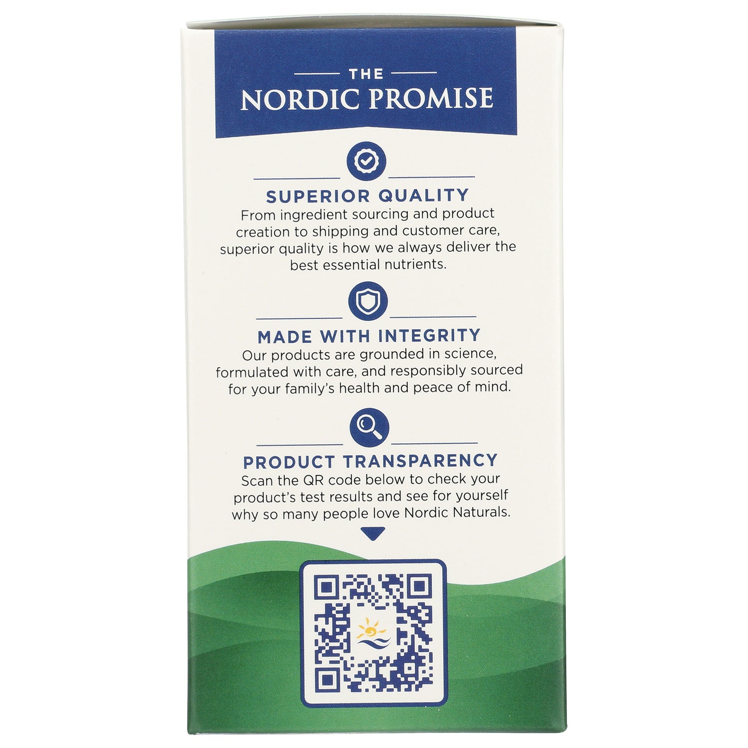 NRN025 | product infographic showing The Nordic Promise header, quality and integrity statements, and a QR code