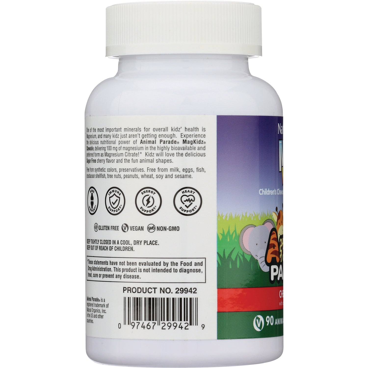 NTP318 | Back of children's supplement bottle label with icons, usage warnings, product no 29942 and barcode