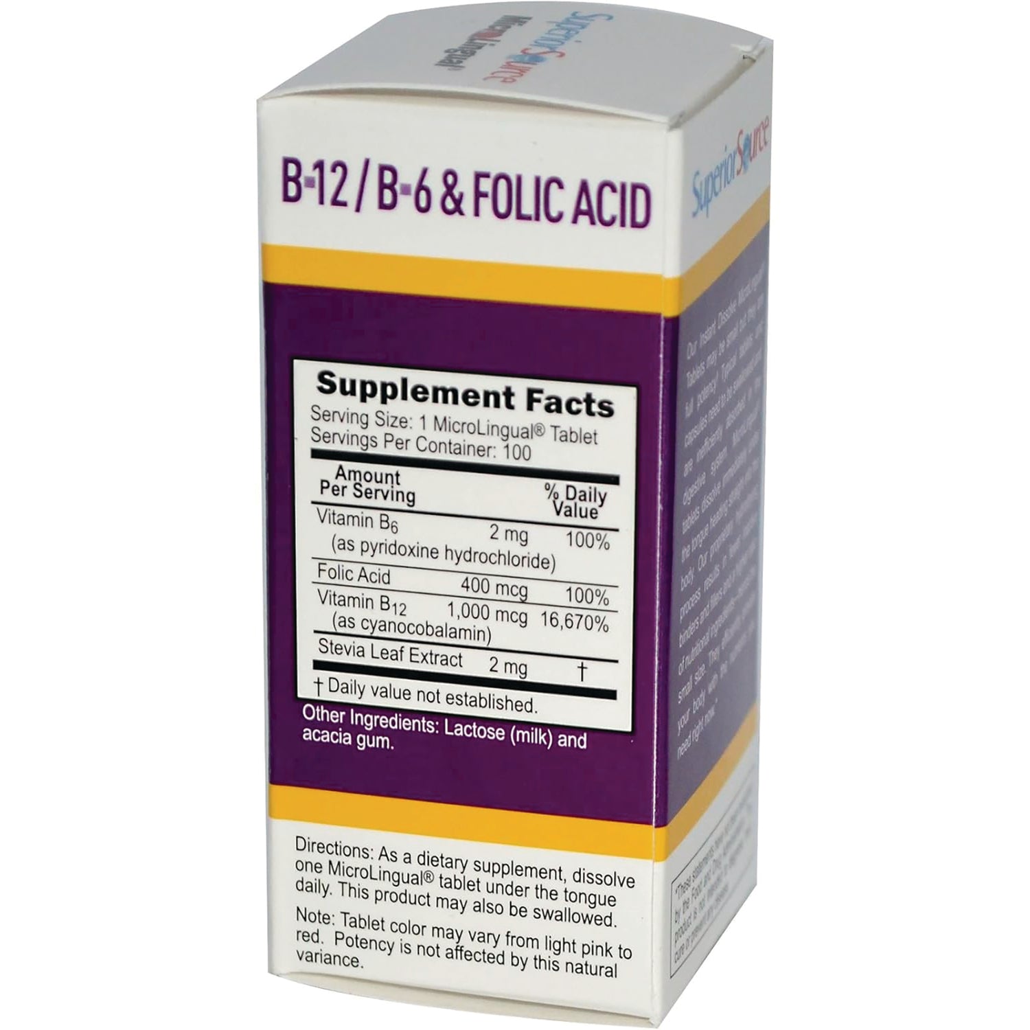 SUS003 | Back of Superior Source B-12/B-6 & Folic Acid MicroLingual tablets box showing Supplement Facts panel