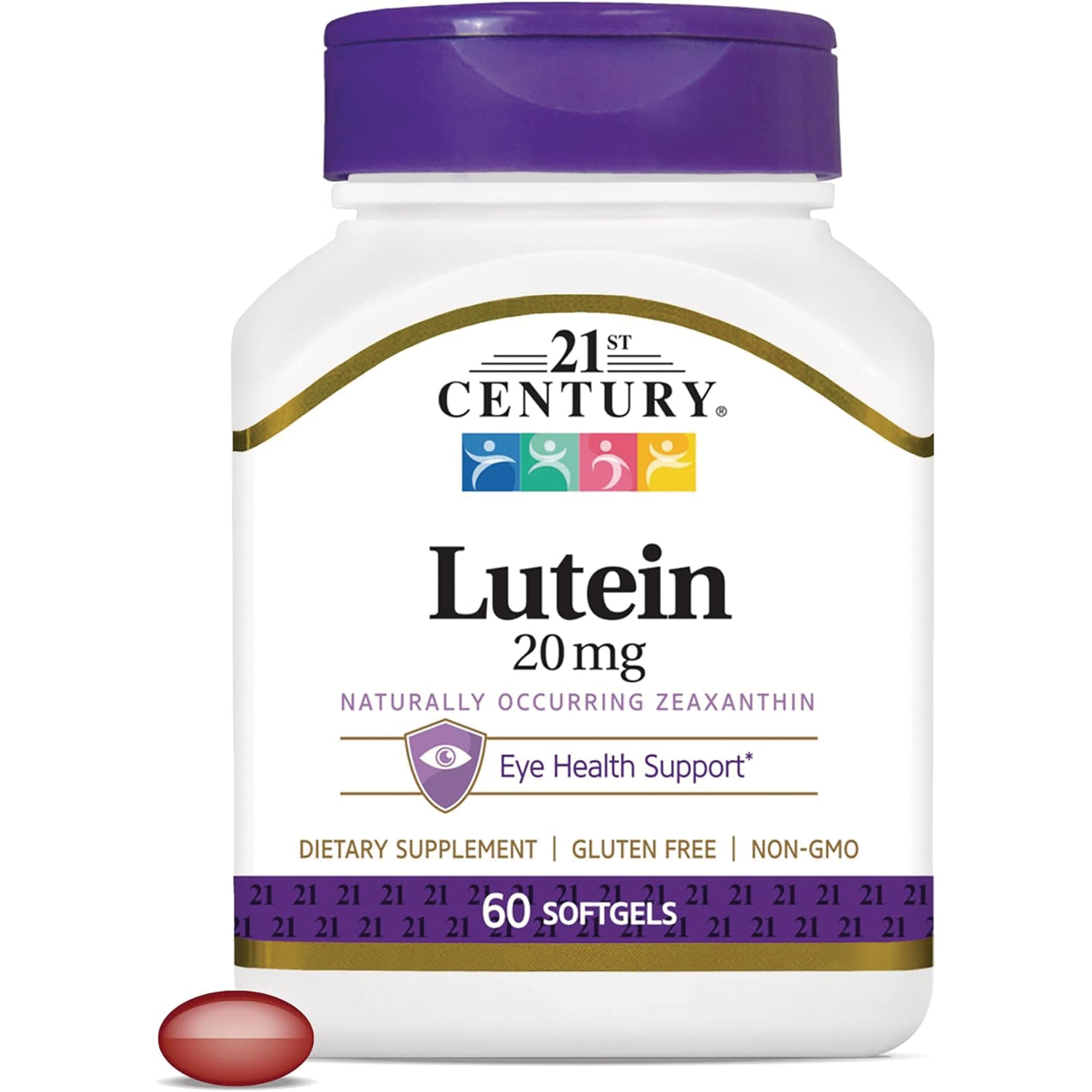 CNT097 | 21st Century Lutein 20 mg bottle with purple cap, 60 softgels labeled Eye Health Support