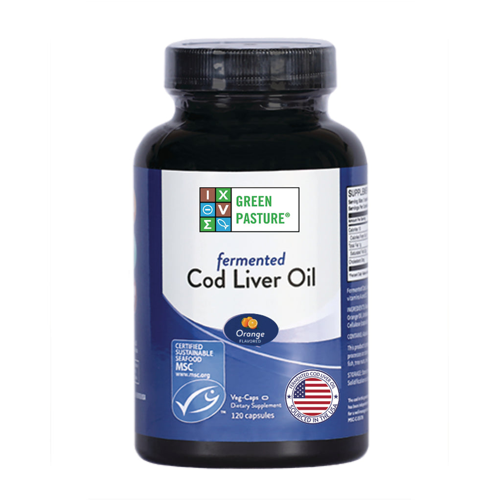 GRP014 | Green Pasture fermented Cod Liver Oil orange flavored bottle front view - Thumbnail