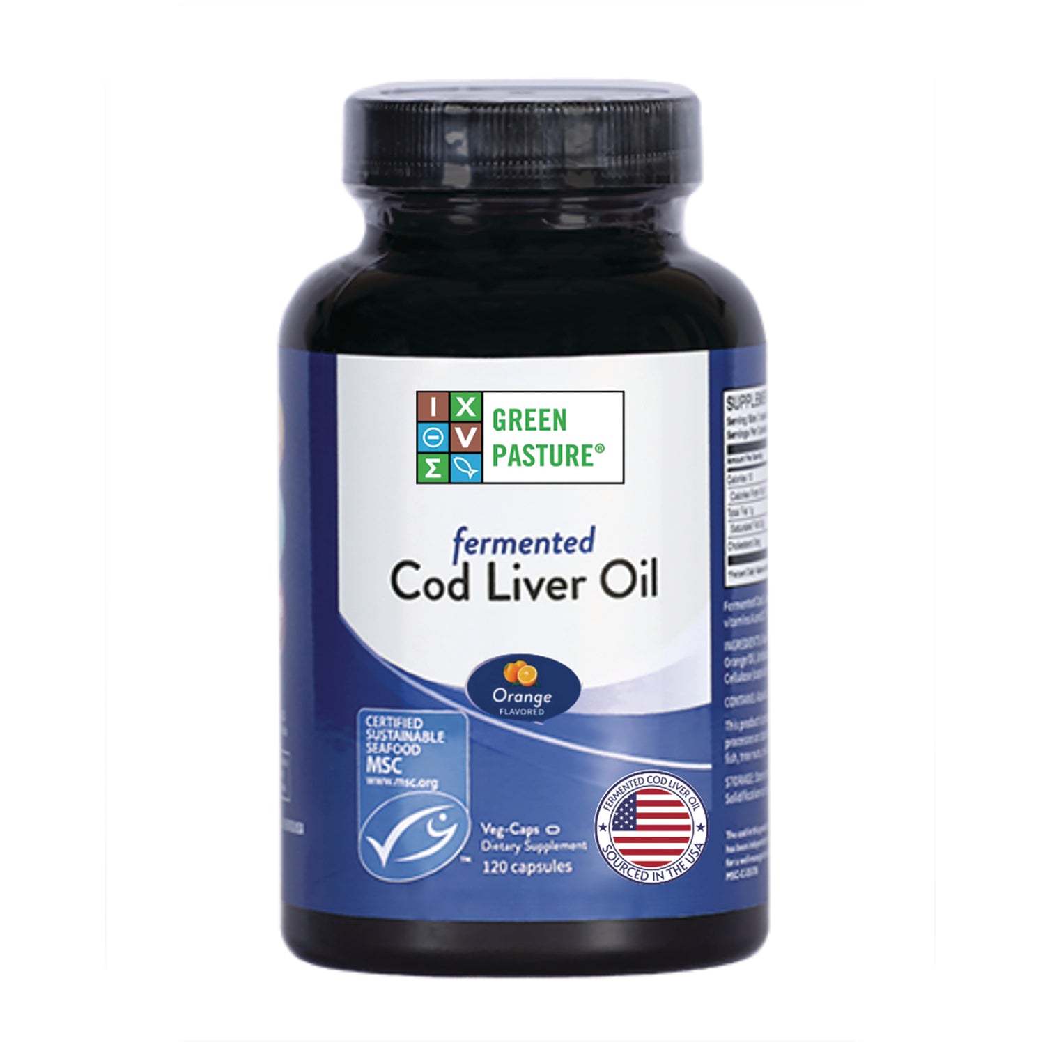 GRP014 | Green Pasture fermented Cod Liver Oil orange flavored bottle front view