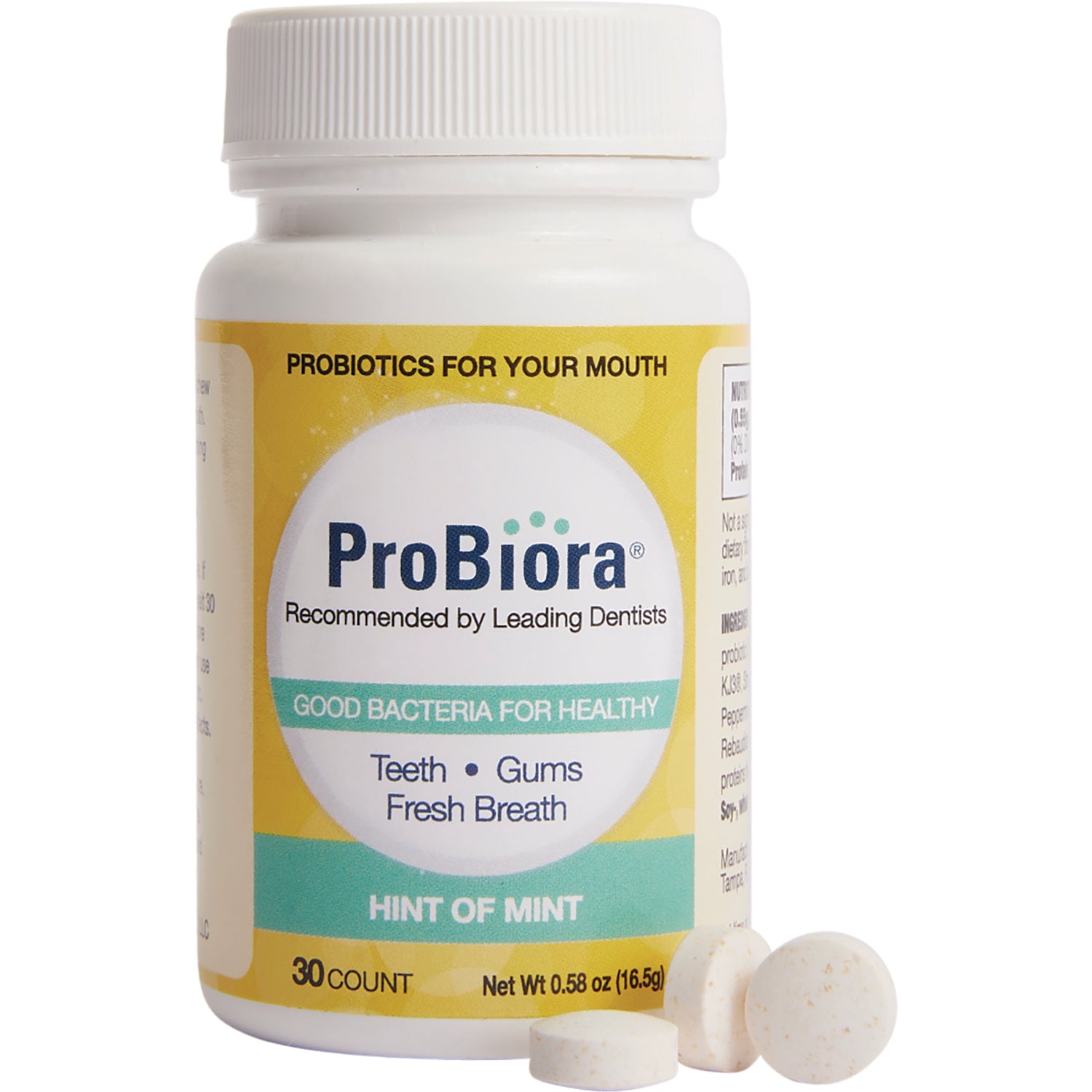 EPL003 | ProBiora white bottle labeled Hint of Mint oral probiotics, front label shows ProBiora and 30 count, three tablets visible