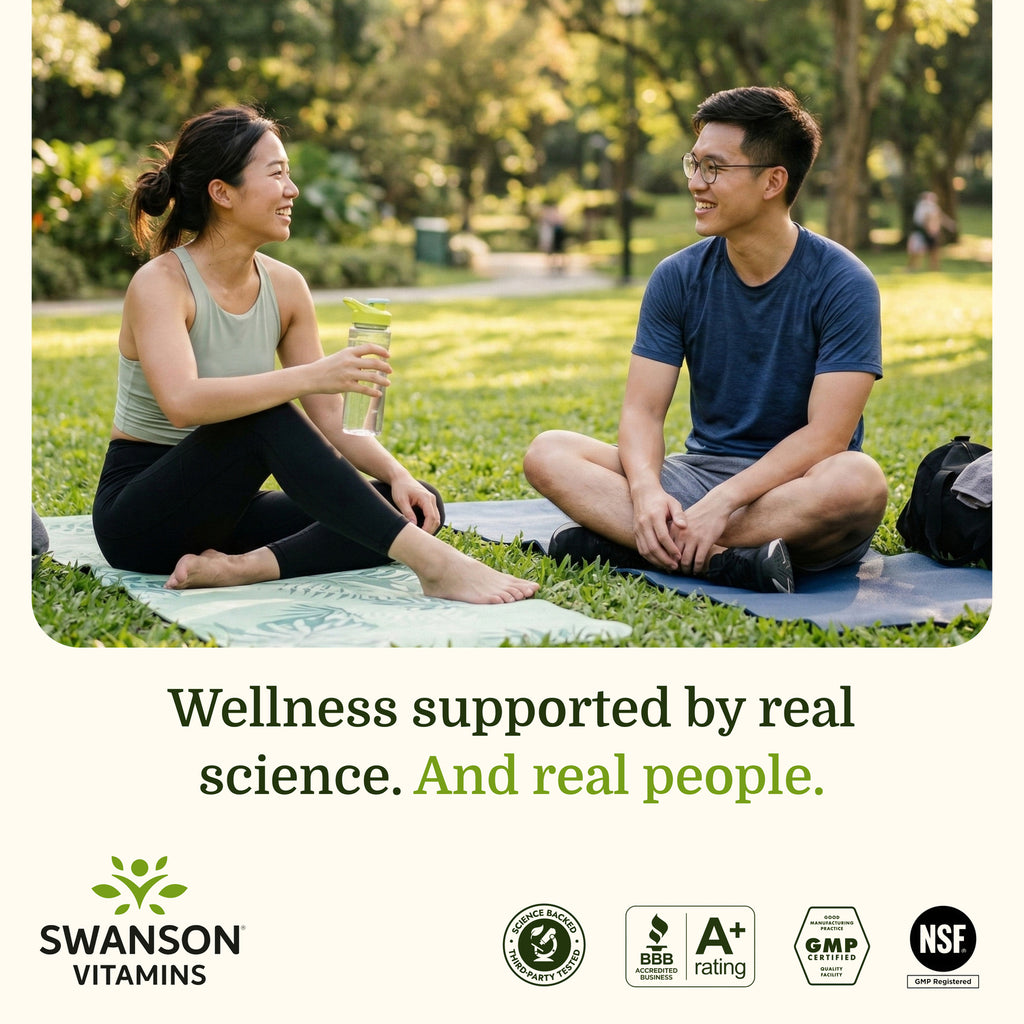 SW1967 | Two people sitting on yoga mats in a park with Swanson Vitamins branding and certification icons - Thumbnail