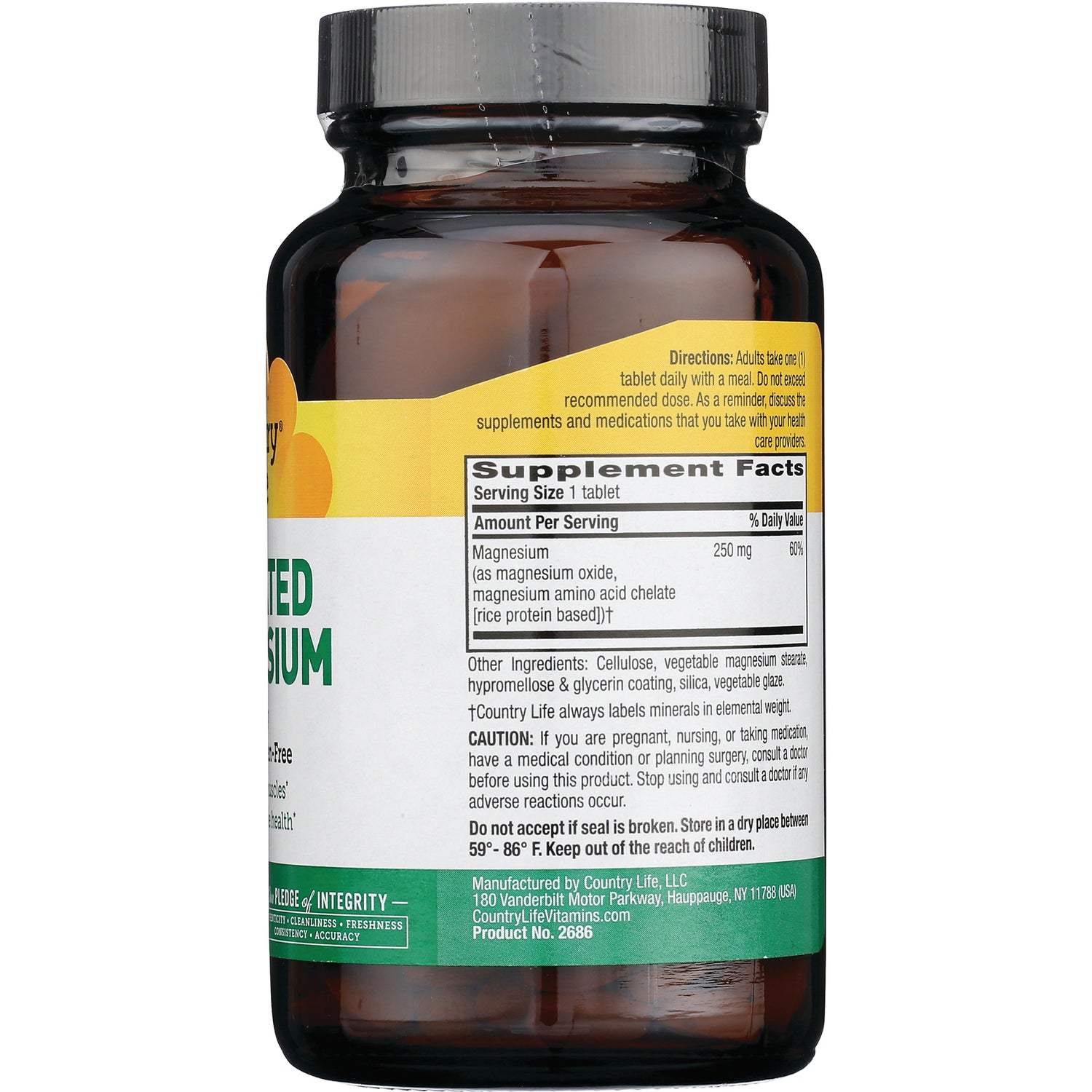 CRL203 | back of brown supplement bottle showing Supplement Facts panel and magnesium 250 mg serving info