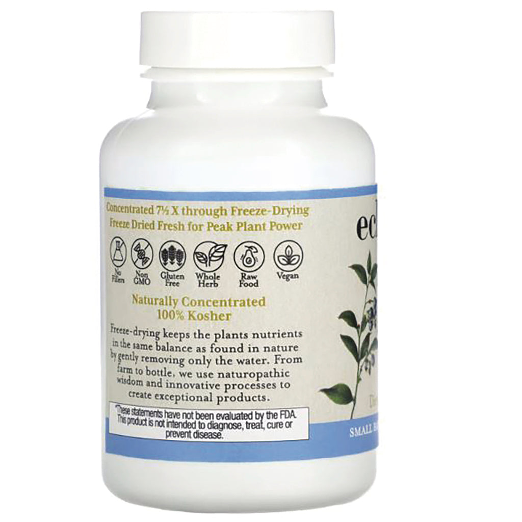 EC018 | back label of white supplement bottle with freeze-drying icons and text Naturally Concentrated 100% Kosher - Thumbnail