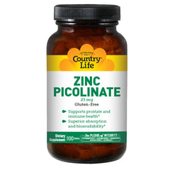 CRL348 | Country Life Zinc Picolinate 25 mg gluten-free bottle, 100 tablets, front label