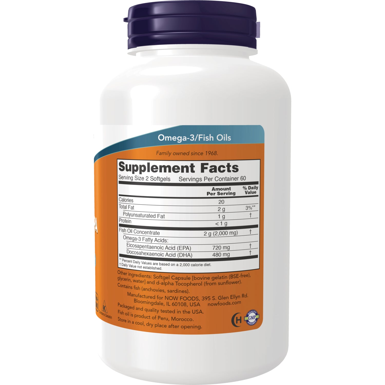 NWF352 | back of supplement bottle showing Supplement Facts panel for Omega-3/Fish Oils, EPA 720 mg and DHA 480 mg