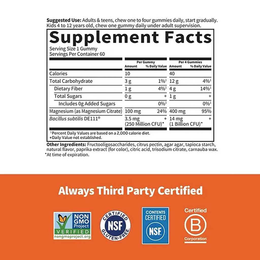 GLF381 | Supplement Facts panel showing serving size, magnesium and probiotic amounts, plus certification badges on orange background - Thumbnail