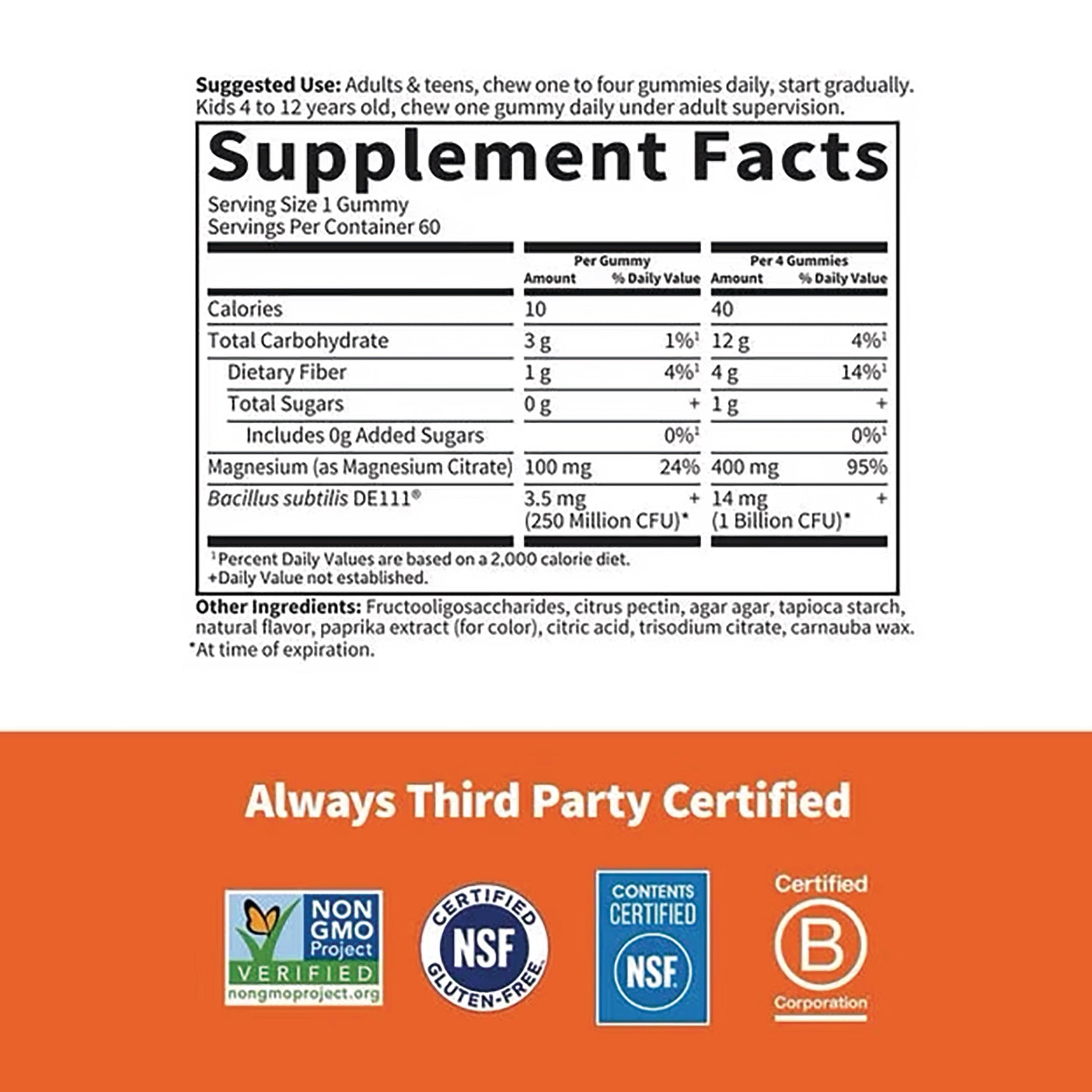 GLF381 | Supplement Facts panel showing serving size, magnesium and probiotic amounts, plus certification badges on orange background