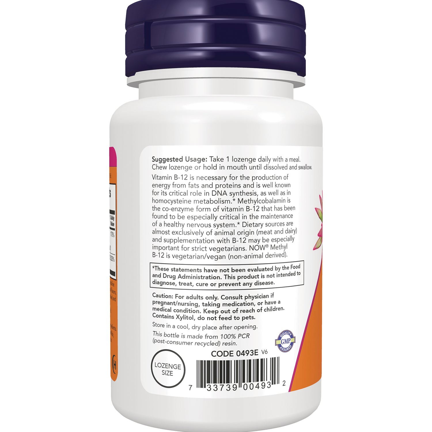 NWF1463 | Back label of white supplement bottle showing Suggested Usage: Take 1 lozenge daily, warnings and barcode