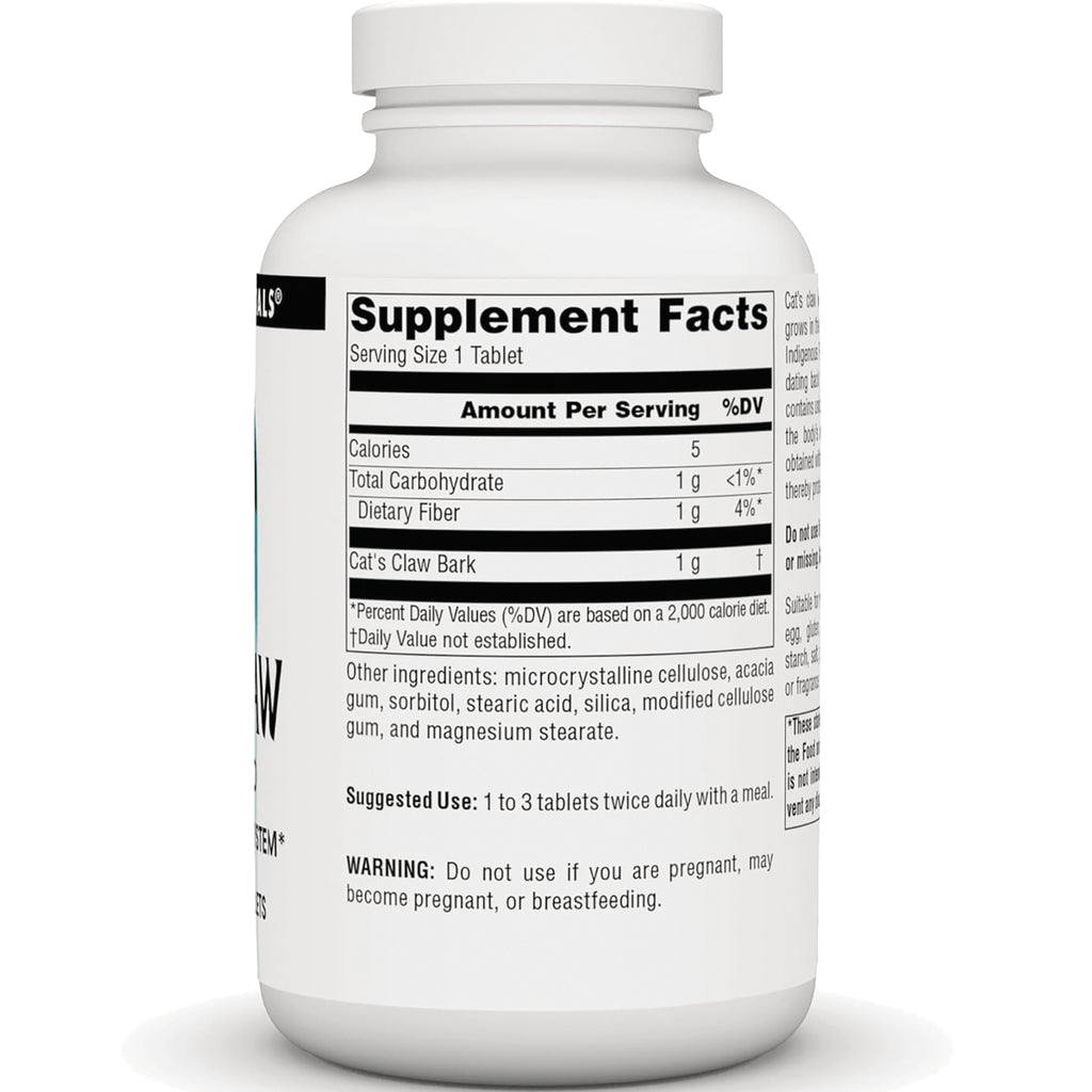 SN233 | Supplement Facts panel on bottle back with serving size 1 tablet and Cat's Claw Bark 1 g - Thumbnail