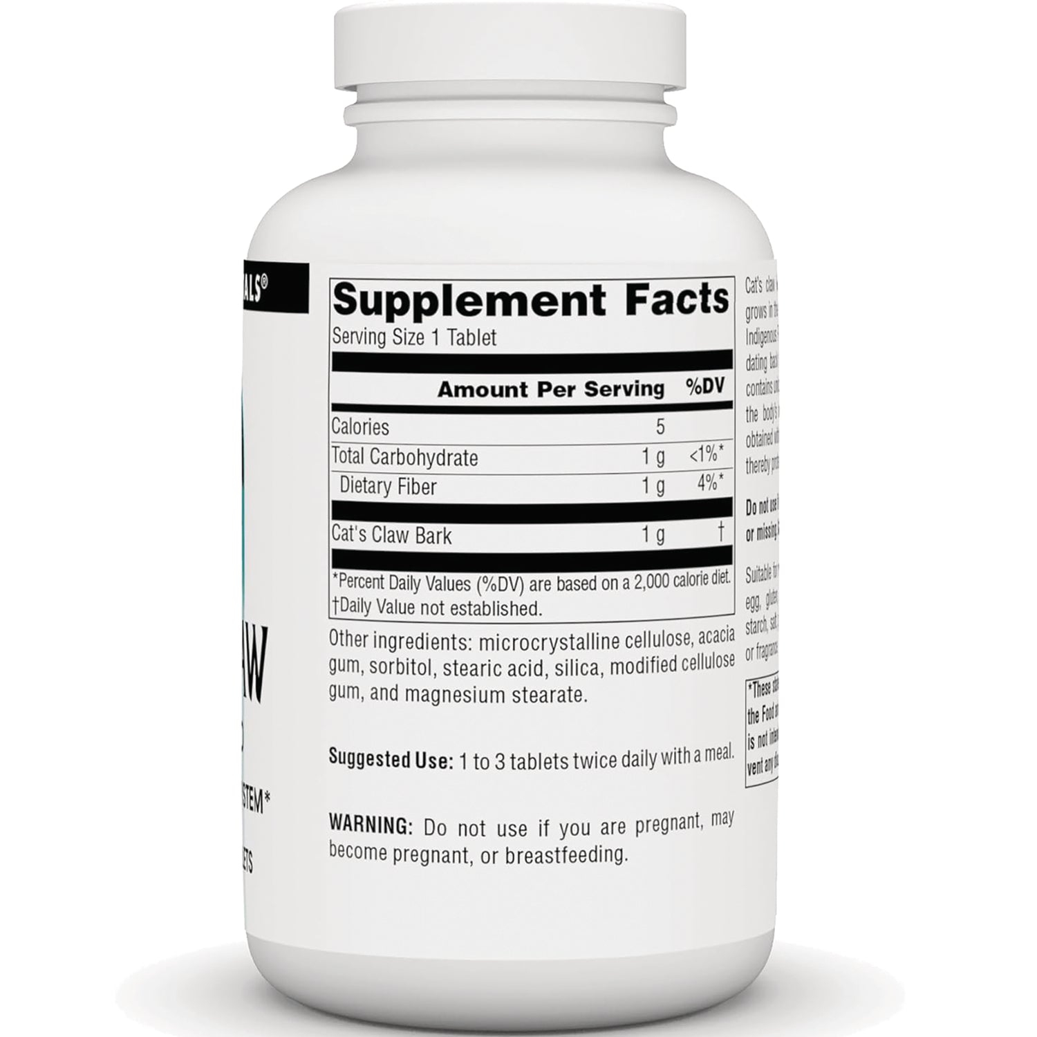 SN233 | Supplement Facts panel on bottle back with serving size 1 tablet and Cat's Claw Bark 1 g
