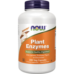 NWF1076 | White bottle of NOW Plant Enzymes dietary supplement showing label Plant Enzymes and 240 Veg Capsules