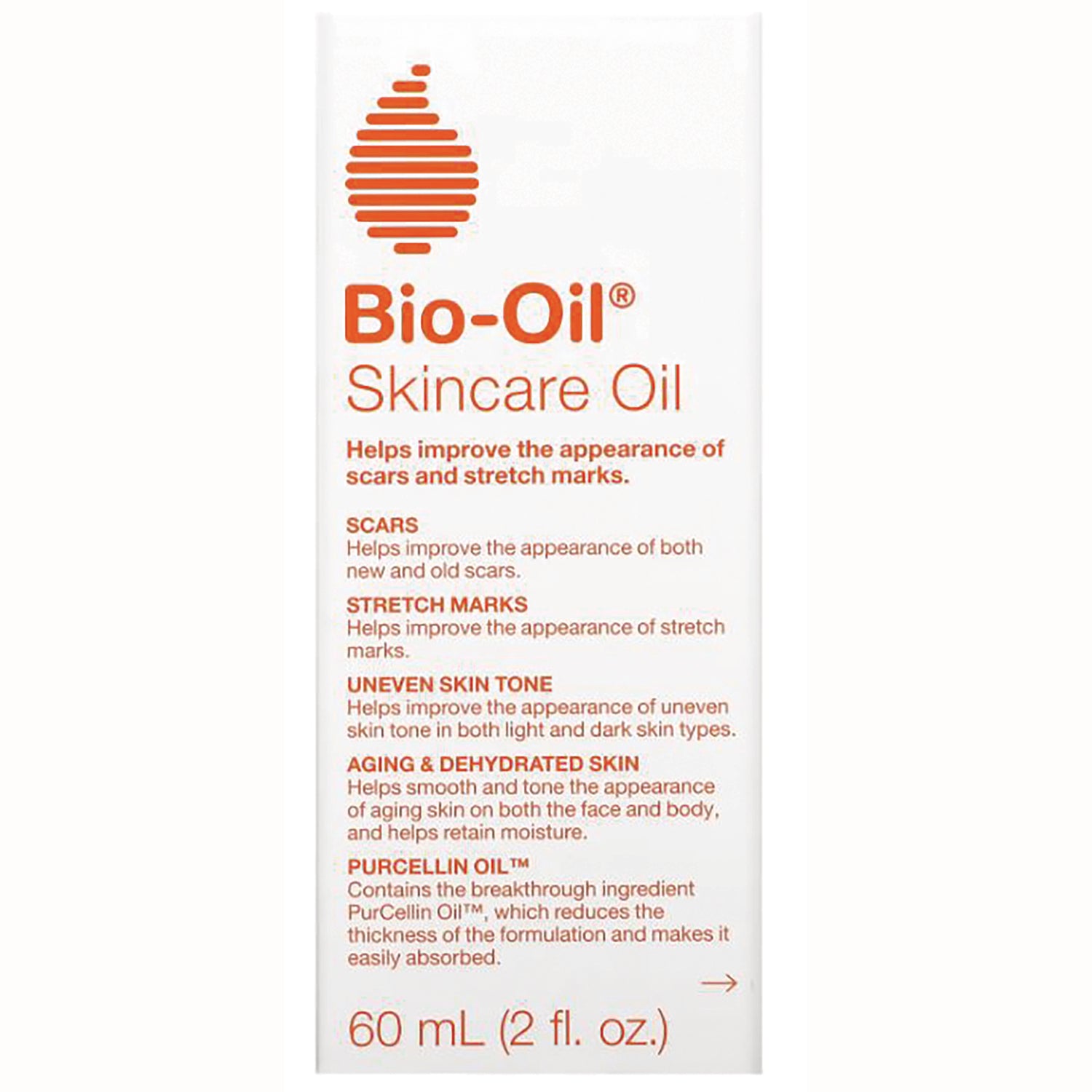 BOL001 | Bio-Oil Skincare Oil front of box with product name, benefits for scars and stretch marks, 60 mL