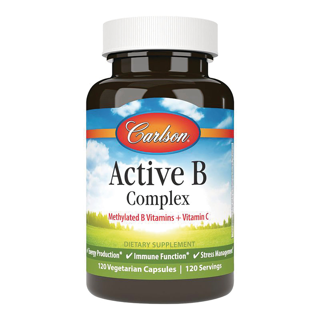 CSN334 | Carlson Active B Complex bottle label reading Methylated B Vitamins + Vitamin C, 120 vegetarian capsules - Thumbnail
