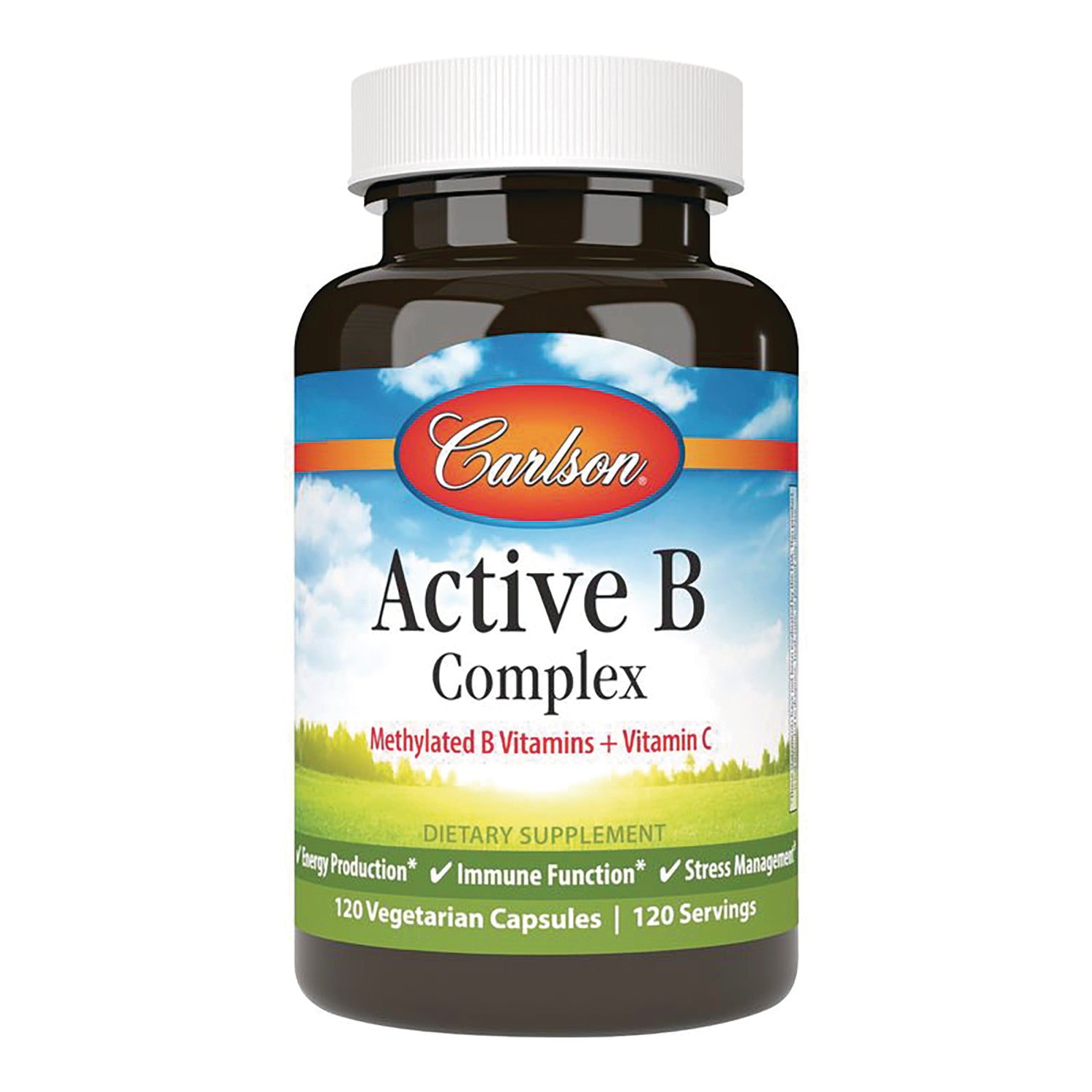 CSN334 | Carlson Active B Complex bottle label reading Methylated B Vitamins + Vitamin C, 120 vegetarian capsules