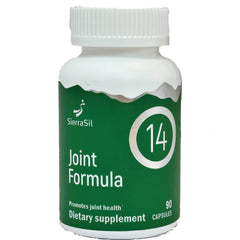 SIL001 | White bottle with green SierraSil Joint Formula label showing 14 and Dietary supplement 90 capsules