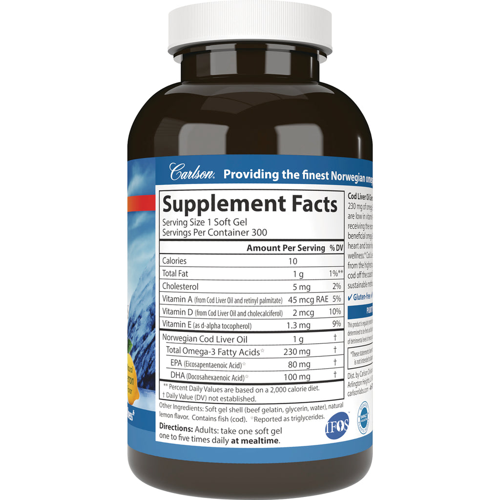 Supplement Facts label on bottle showing serving size, Total Omega-3 230 mg, EPA 80 mg, DHA 100 mg and directions - Thumbnail
