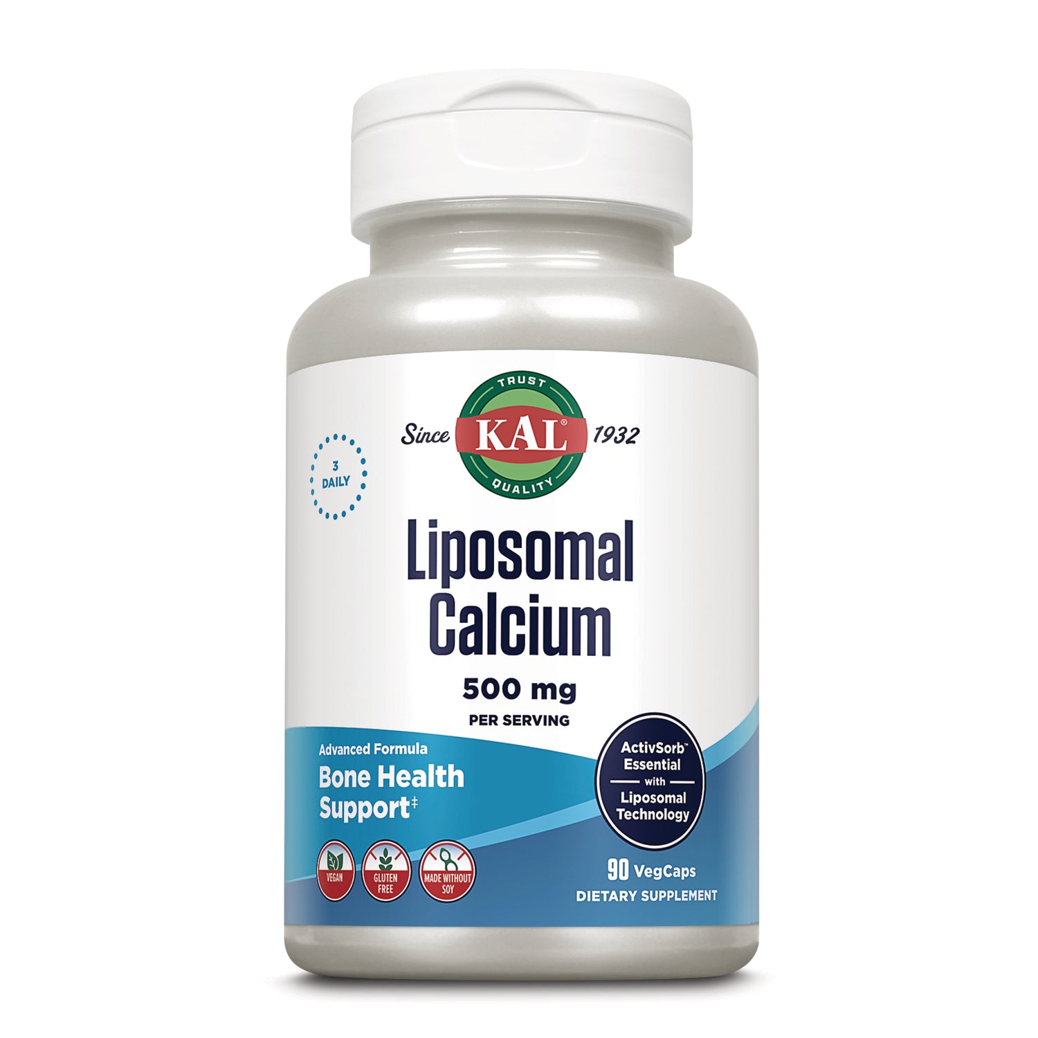 KL580 | KAL Liposomal Calcium 500 mg white supplement bottle, 90 VegCaps, Bone Health Support