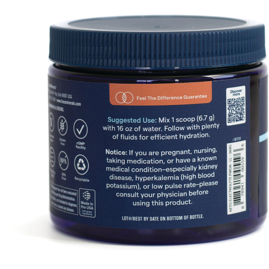 TM100 | Back label of electrolyte powder jar with Suggested Use, Notice, icons, QR code - Thumbnail