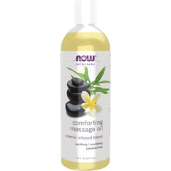NWF597 | NOW Solutions comforting massage oil 16 fl oz bottle with flower and stones label