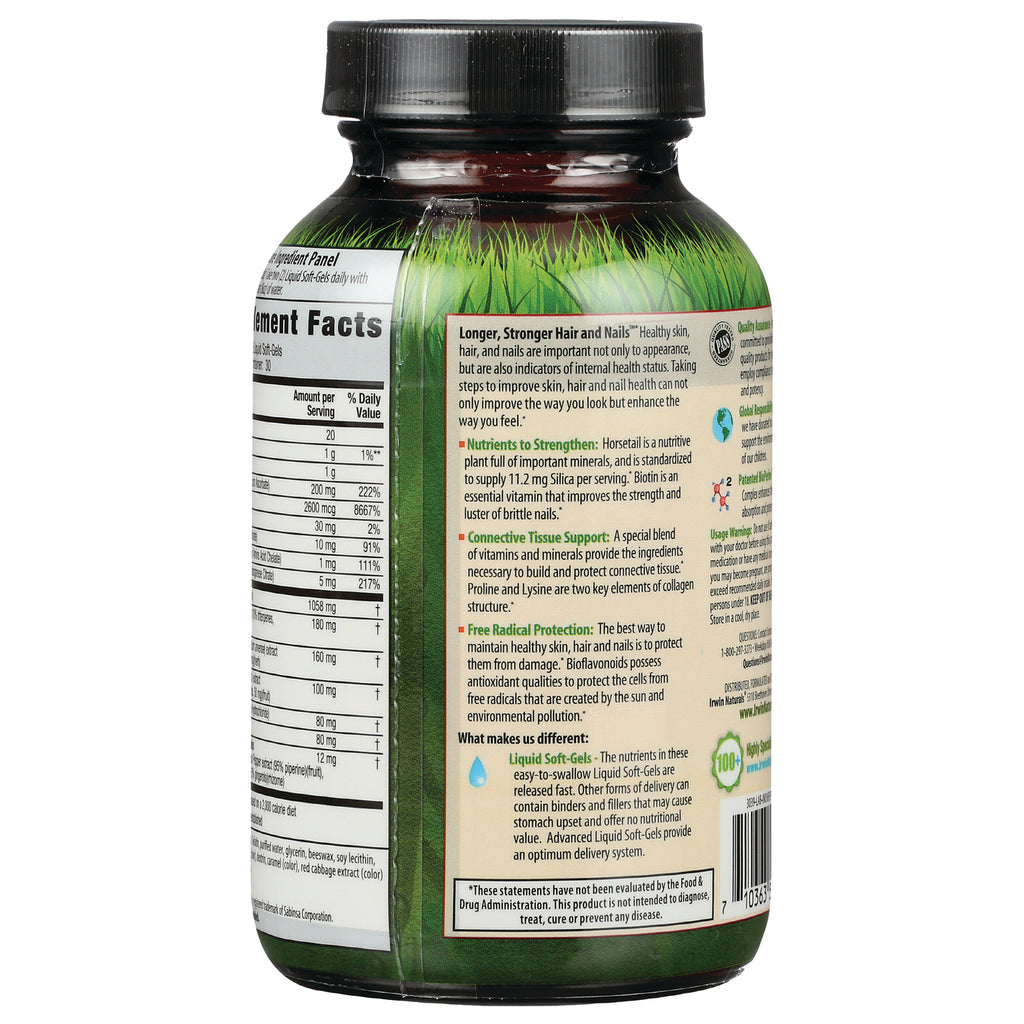 IR100 | Back label of supplement bottle showing Supplement Facts and product information about hair and nail support - Thumbnail