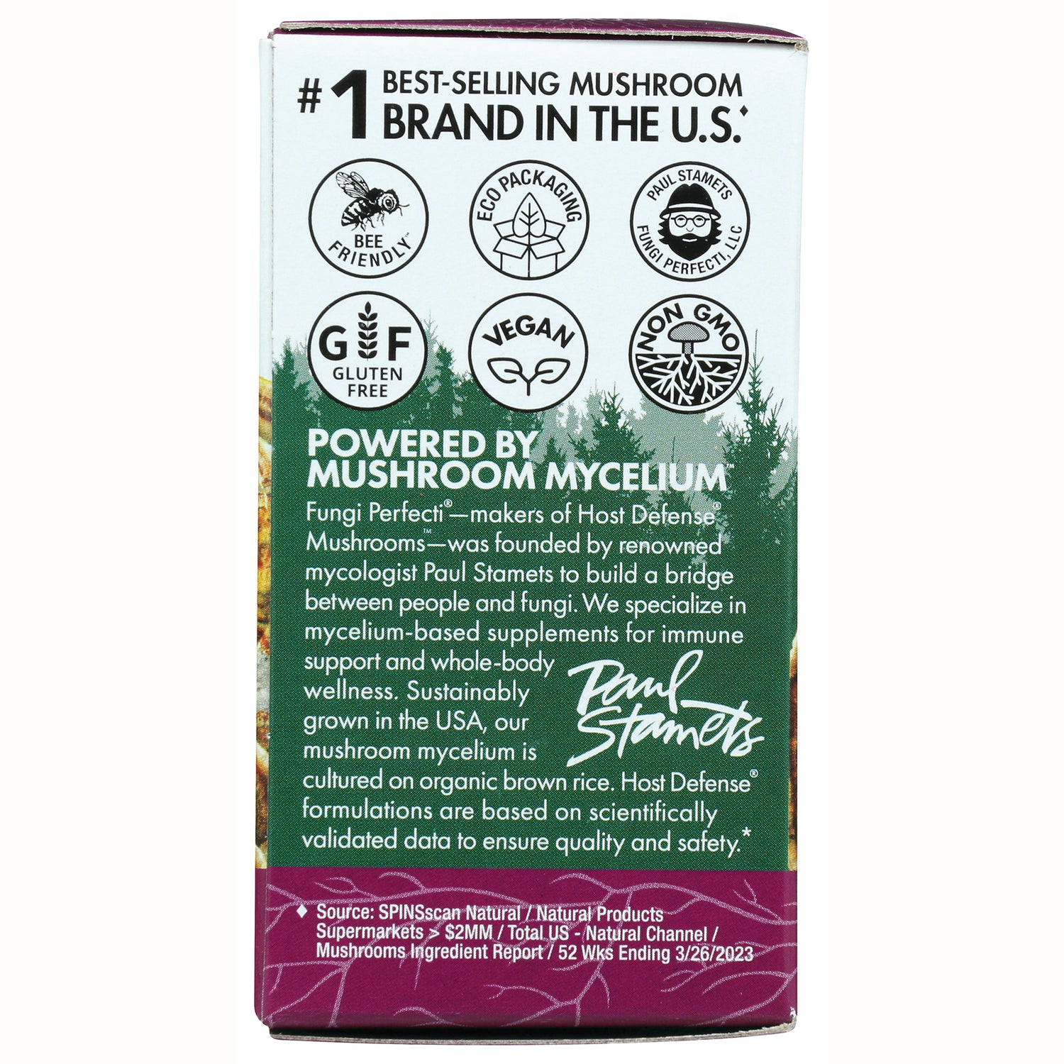 FUN042 | Back panel with mushroom mycelium claims, vegan gluten free non-GMO icons and product description