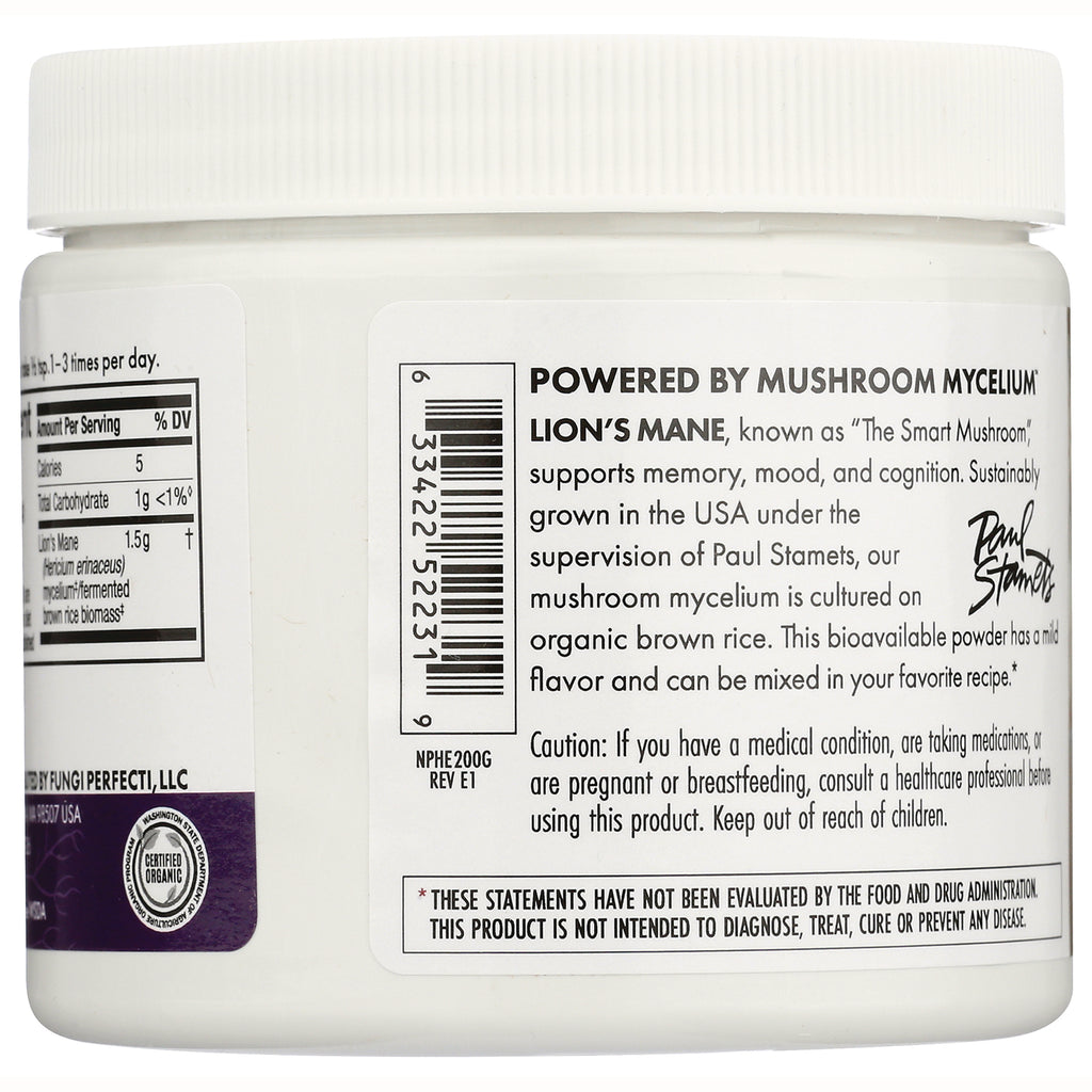 FUN045 | back of white supplement jar label showing Powered by Mushroom Mycelium Lion's Mane text, barcode, caution and FDA disclaimer - Thumbnail