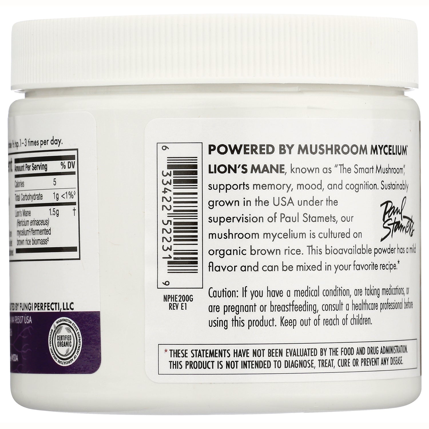 FUN045 | back of white supplement jar label showing Powered by Mushroom Mycelium Lion's Mane text, barcode, caution and FDA disclaimer