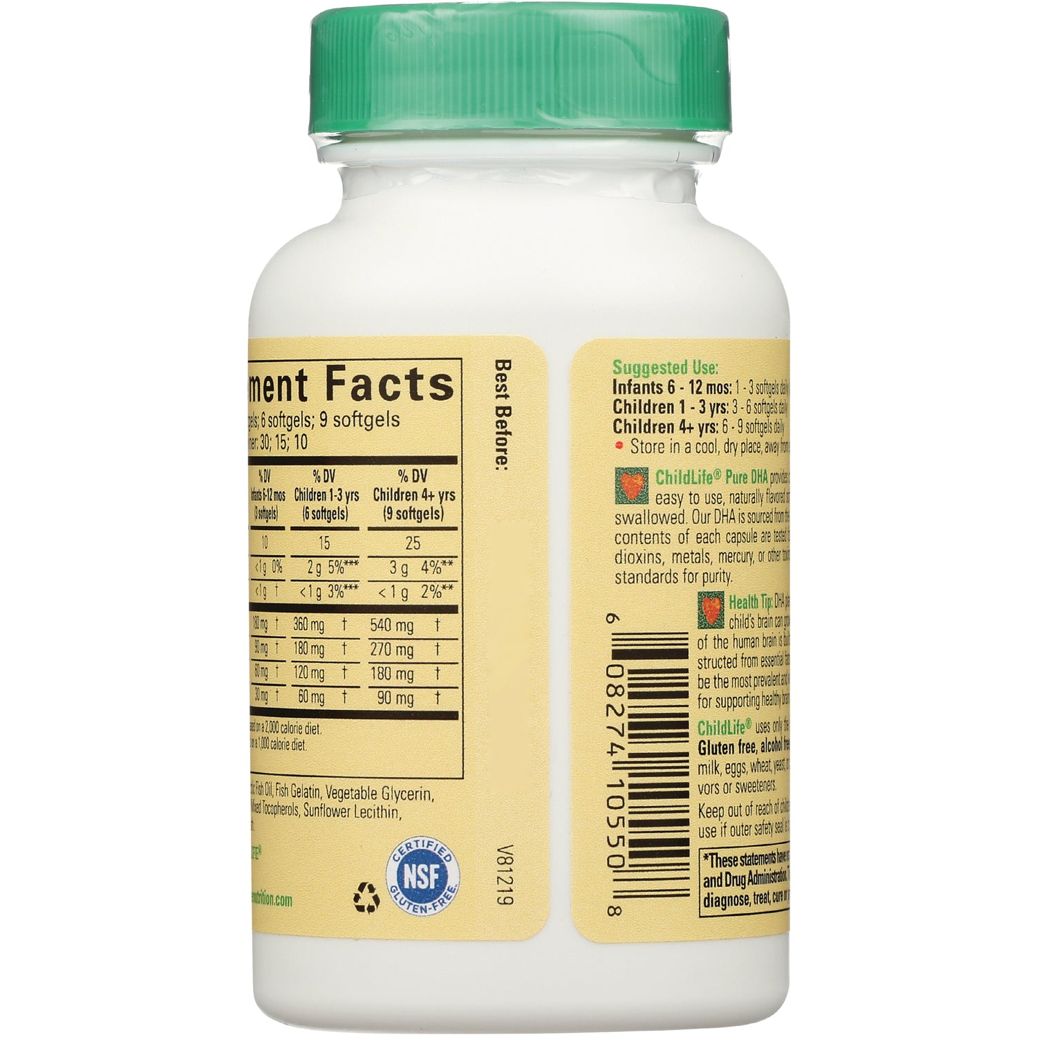 CHL008 | Back of white supplement bottle showing nutrition facts panel, barcode, suggested use and green cap