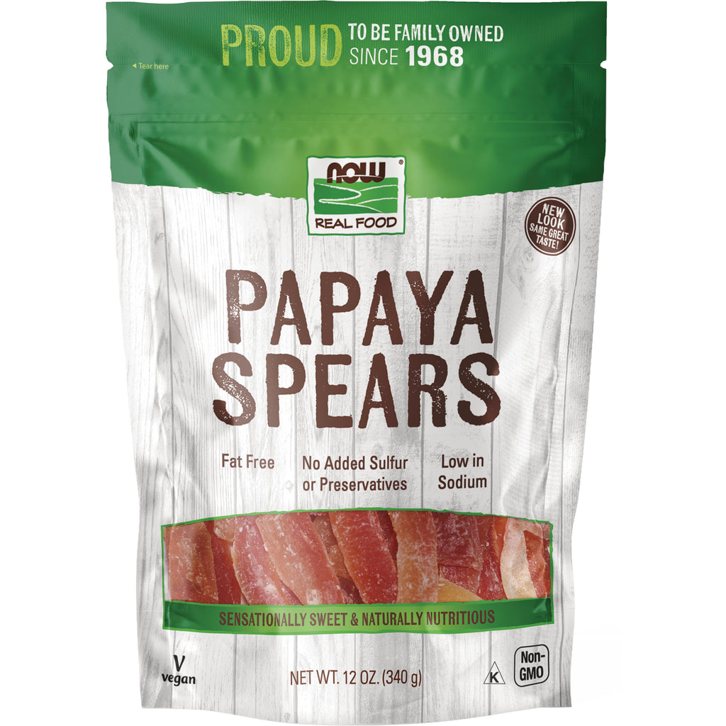 NWF1026 | NOW Real Food Papaya Spears pouch with green top, white woodgrain background and window showing dried papaya - Thumbnail
