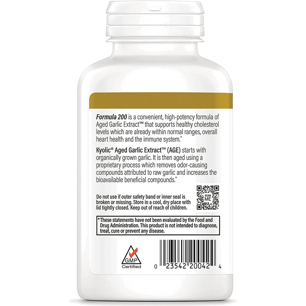 KY068 | Back label of white supplement bottle reading Formula 200 and Kyolic Aged Garlic Extract (AGE), barcode and GMP certified mark - Thumbnail