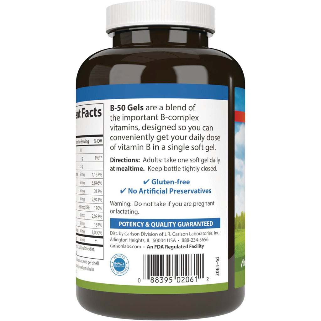 CSN075 | Back label of B-50 Gels supplement bottle showing directions, gluten-free and no artificial preservatives claims and barcode - Thumbnail