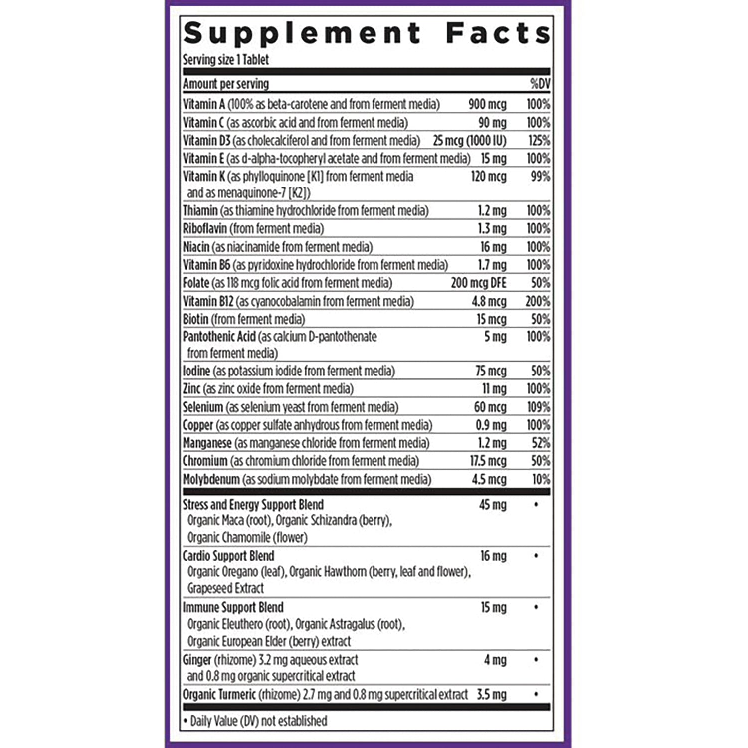 NWC137 | back label showing Supplement Facts panel listing vitamins, minerals, blends and amounts per tablet