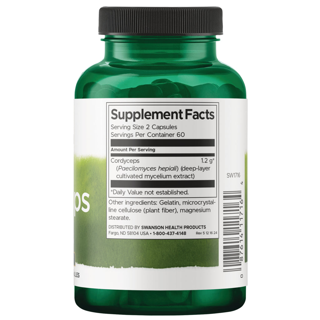SW1716 | Back label with Supplement Facts: Serving Size 2 capsules, 60 servings; Cordyceps 1.2 g; barcode visible - Thumbnail