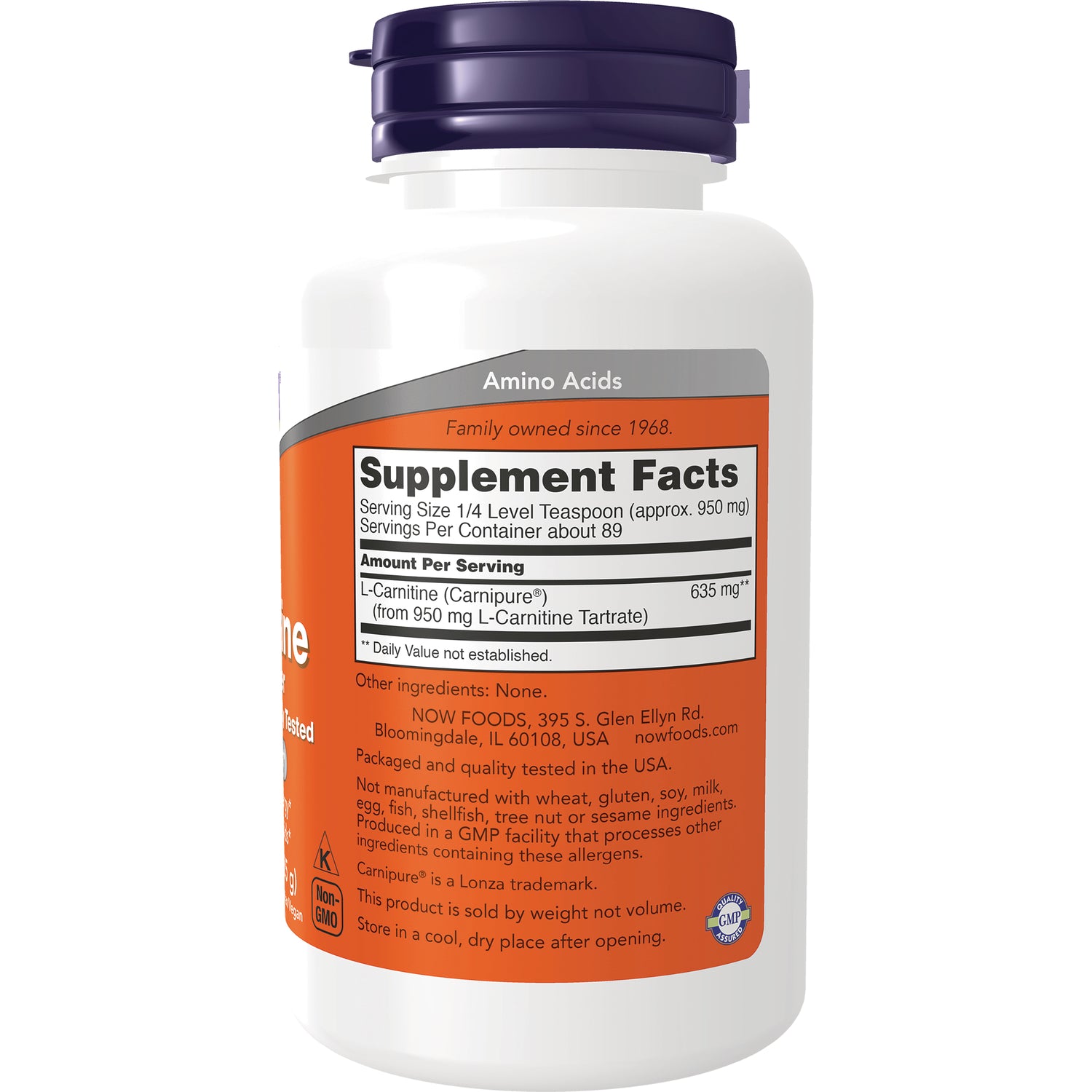 NWF174 | Back label with Supplement Facts panel showing serving size, L-Carnitine 635 mg and company information