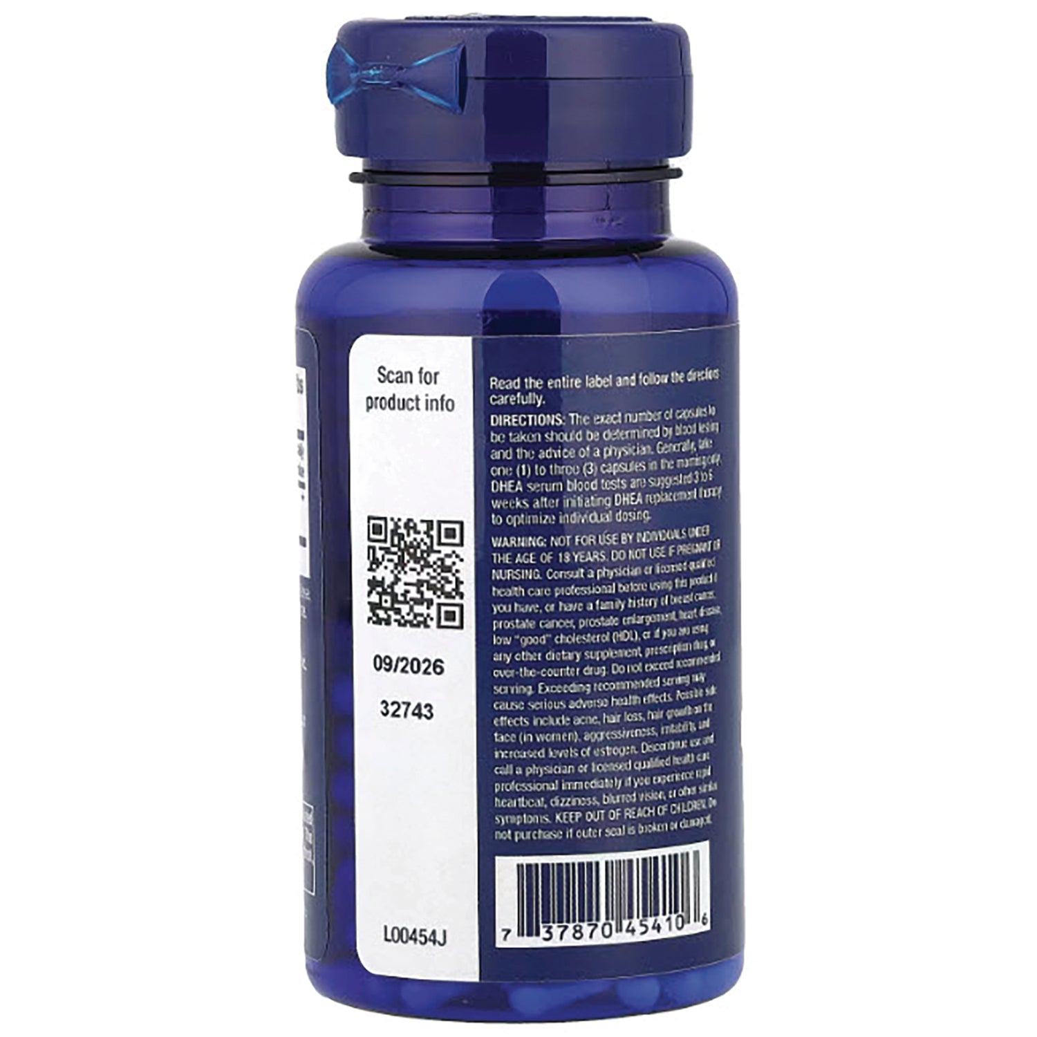 LE134 | blue supplement bottle showing back label with QR code, barcode, expiration date, and directions