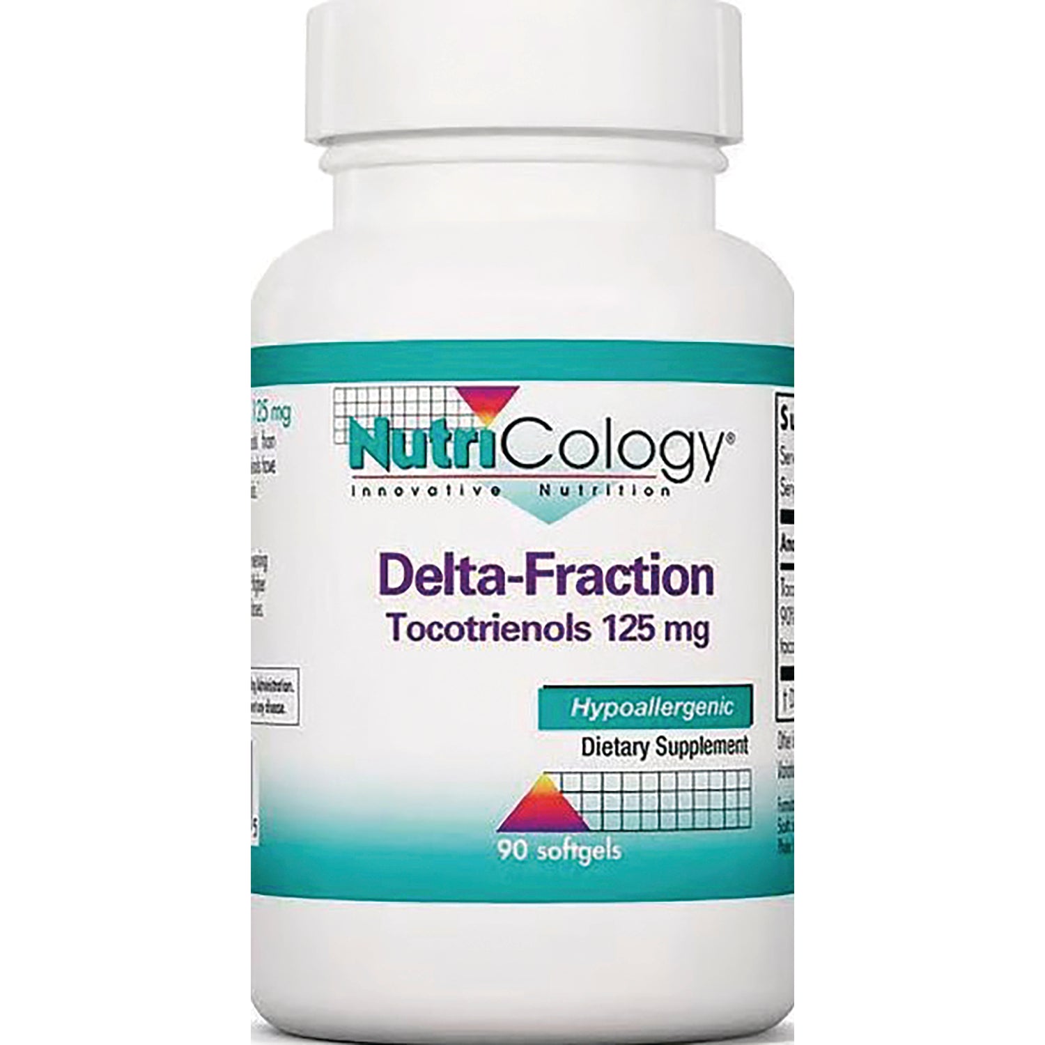 NCL146 | White bottle of NutriCology Delta-Fraction Tocotrienols 125 mg hypoallergenic dietary supplement, 90 softgels