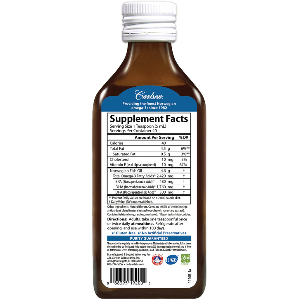 CSN318 | back of brown Carlson supplement bottle showing Supplement Facts panel, nutrition facts and directions - Thumbnail