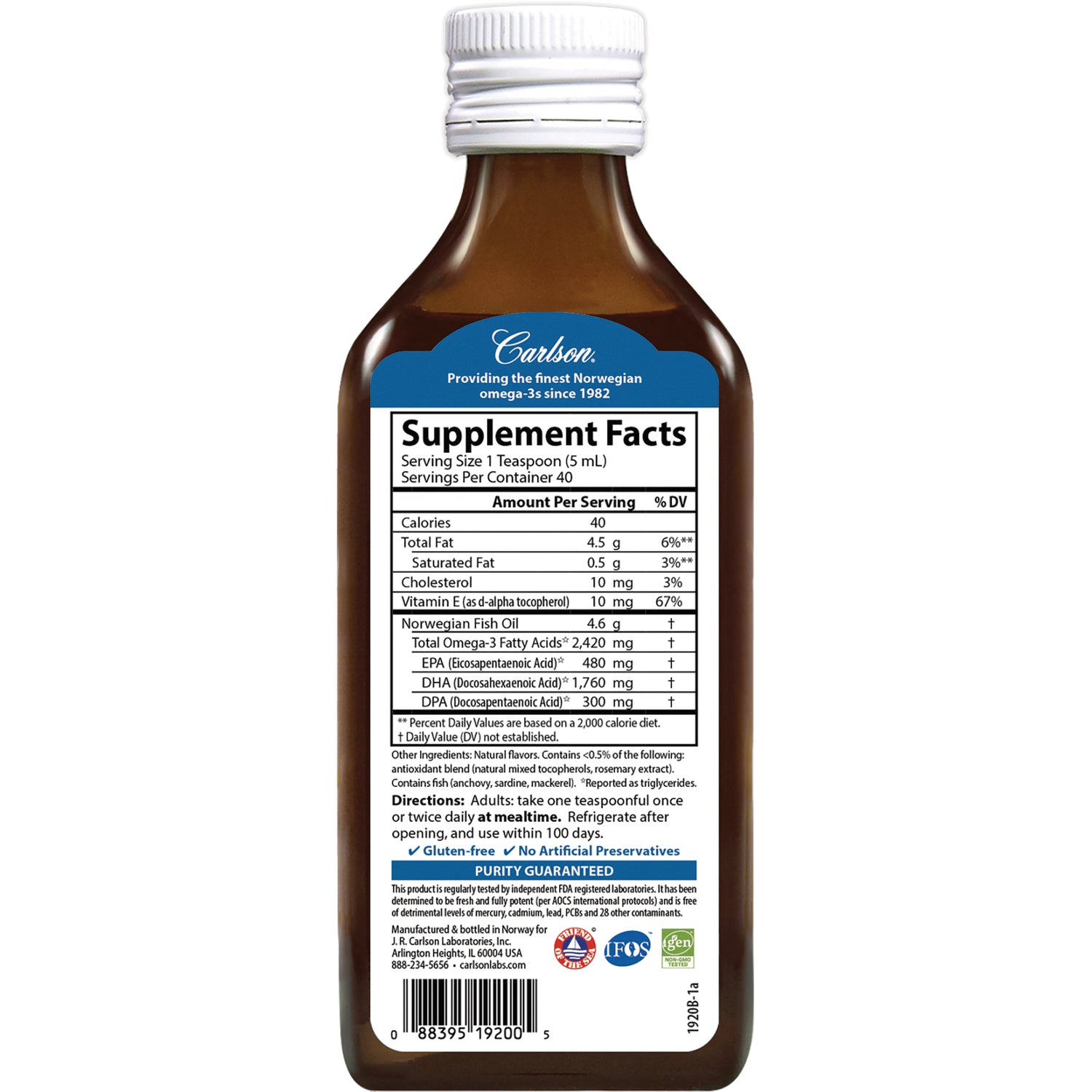 CSN318 | back of brown Carlson supplement bottle showing Supplement Facts panel, nutrition facts and directions