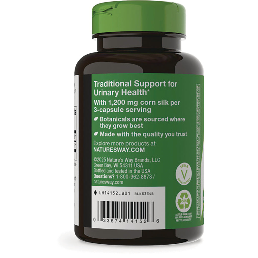 NW723 | back label of brown supplement bottle reading Traditional Support for Urinary Health and 1,200 mg corn silk per 3-capsule serving - Thumbnail