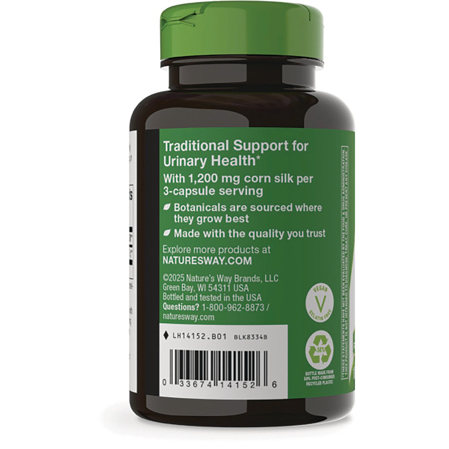 NW723 | back label of brown supplement bottle reading Traditional Support for Urinary Health and 1,200 mg corn silk per 3-capsule serving