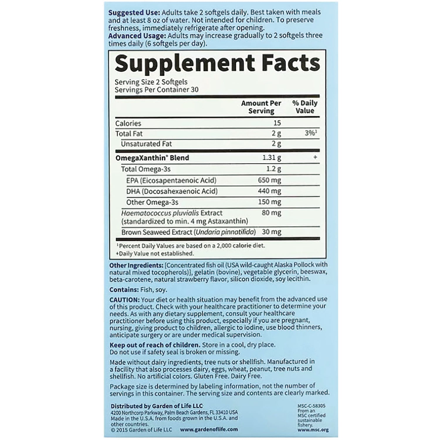 GLF040 | Supplement Facts back panel showing serving size, omega-3 amounts, other ingredients and caution statements