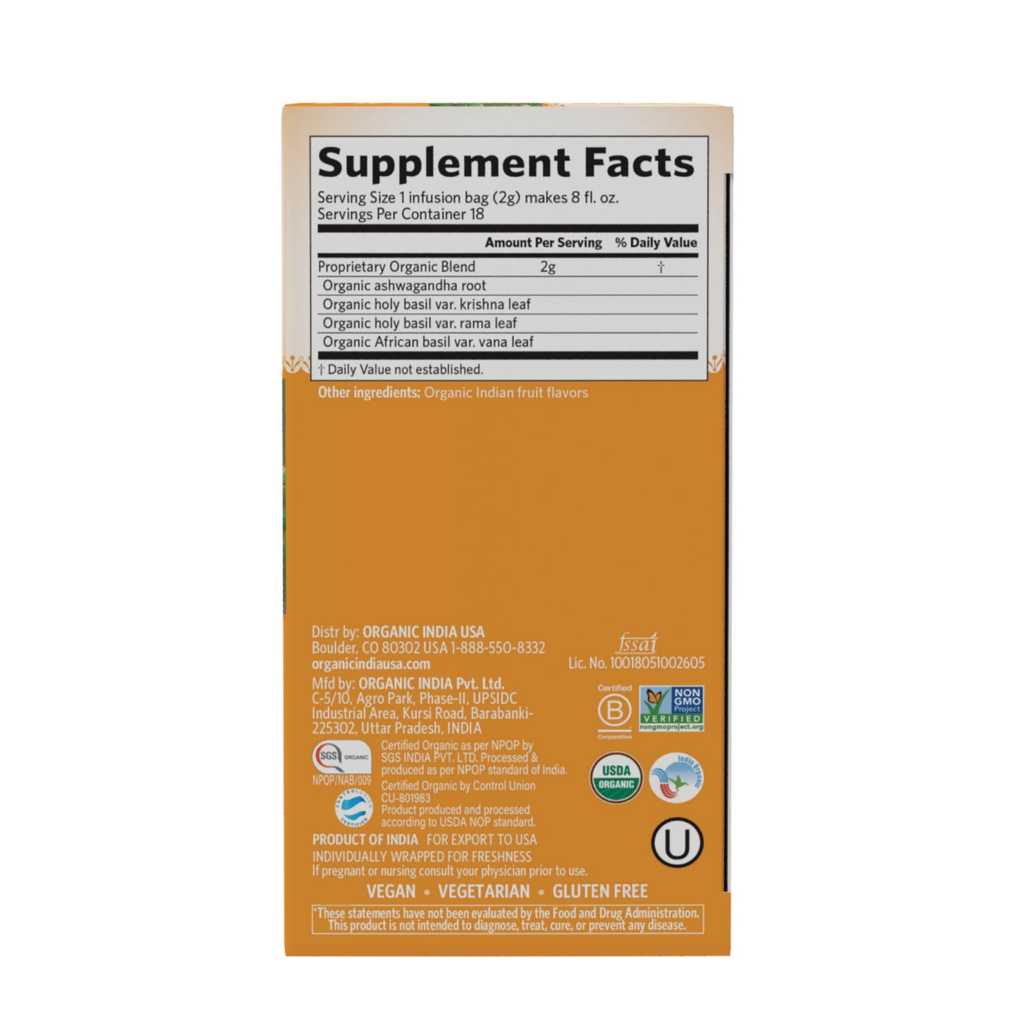 RGN103 | back of orange box showing Supplement Facts panel, ingredient list, and certification logos