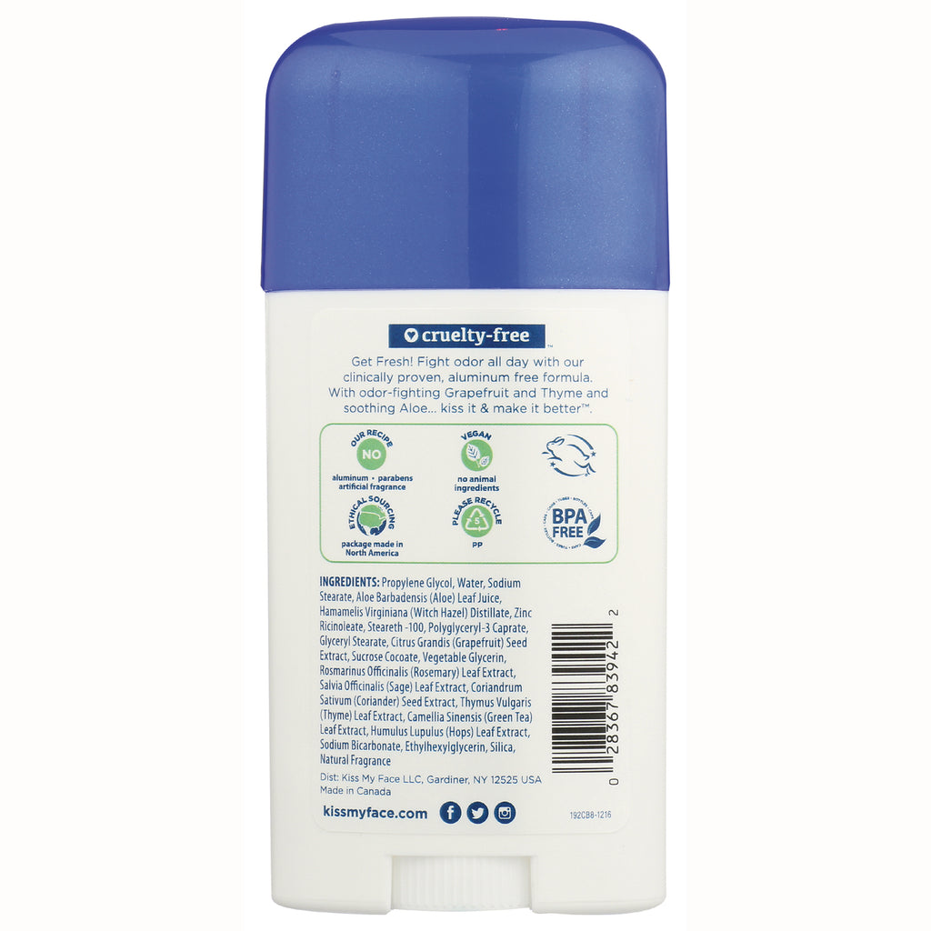 KMF124 | back label of blue-capped deodorant showing cruelty-free logo ingredient list and barcode - Thumbnail
