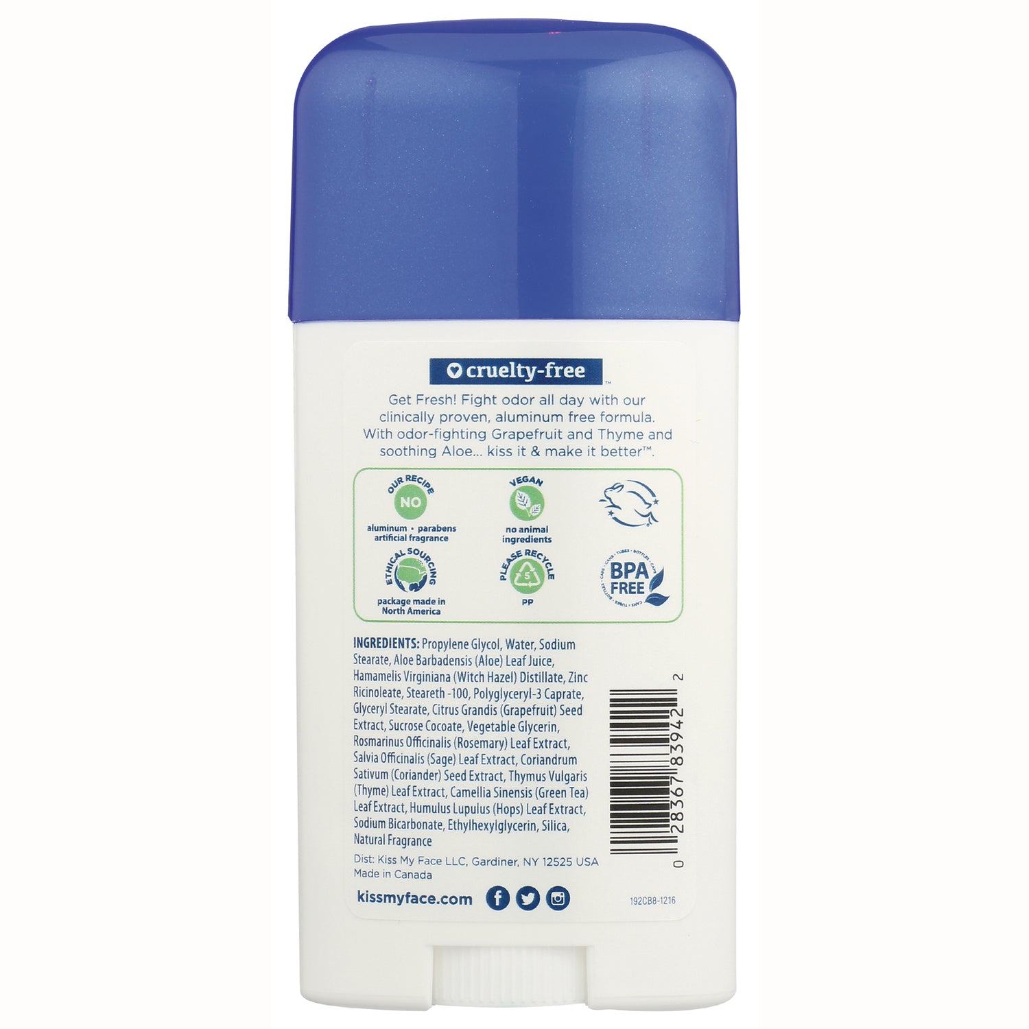 KMF124 | back label of blue-capped deodorant showing cruelty-free logo ingredient list and barcode